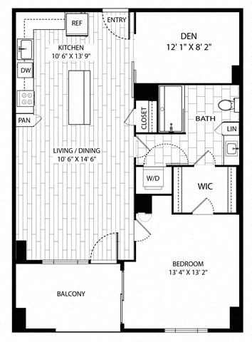 Floor plan for 1 bed, 1 bath, 886 sqft